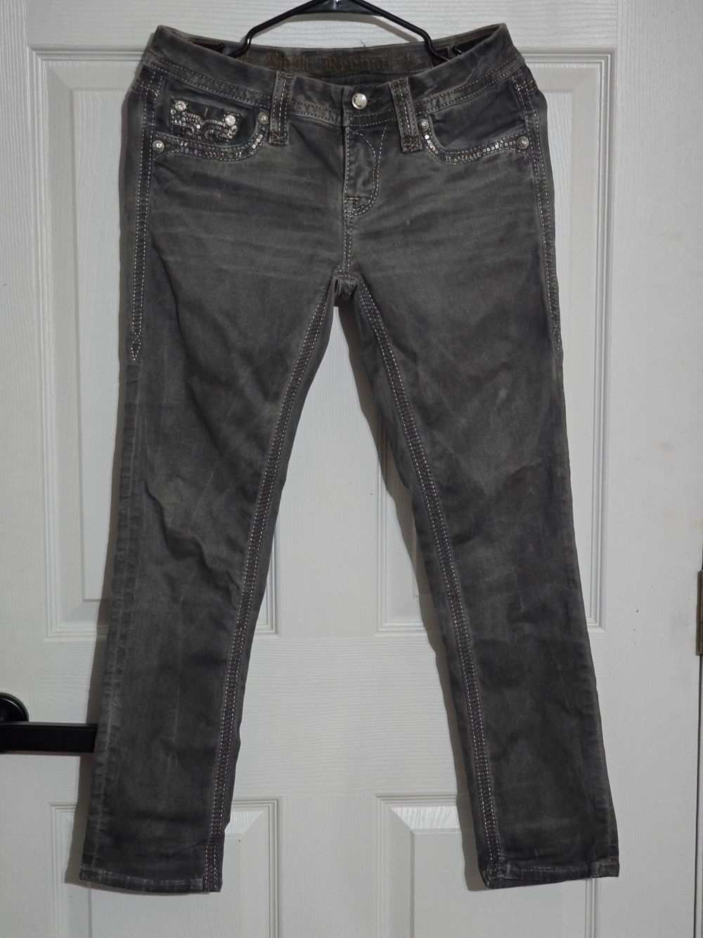Rock Revival Women’s Skinny Jeans in Charcoal Gray with Silver Embellishment